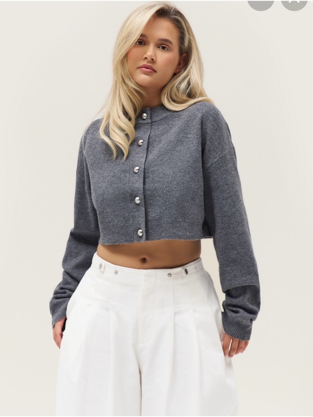 Cropped Crewneck Cardigan Sweater in Charcoal Gray